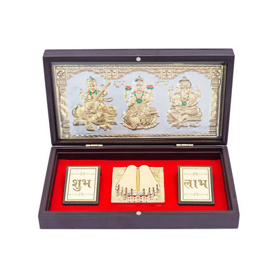 Golden Peacock 24 KT Gold-Polished Laxmi, Ganesha, Saraswati Pooja Box