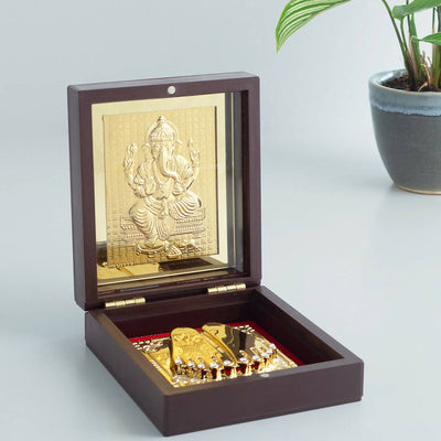 Golden Peacock 24-Ct Gold-Toned Gold Foil Ganesh Pooja Box