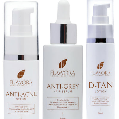 Flawora Anti-Grey Hair Serum, Anti Acne Serum and D-Tan Lotion Combo