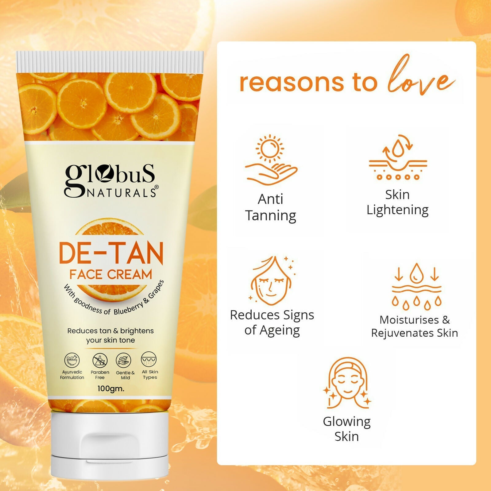 Globus Naturals De Tan Face Cream, Suitable For All Skin Types