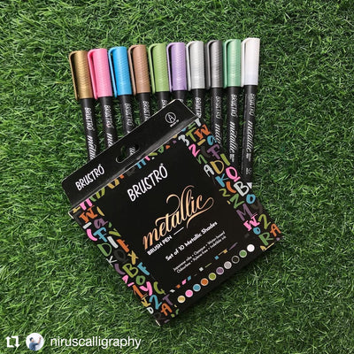 BRUSTRO Metallic Brush Pens Set of 10 Colors with Black Paper A5