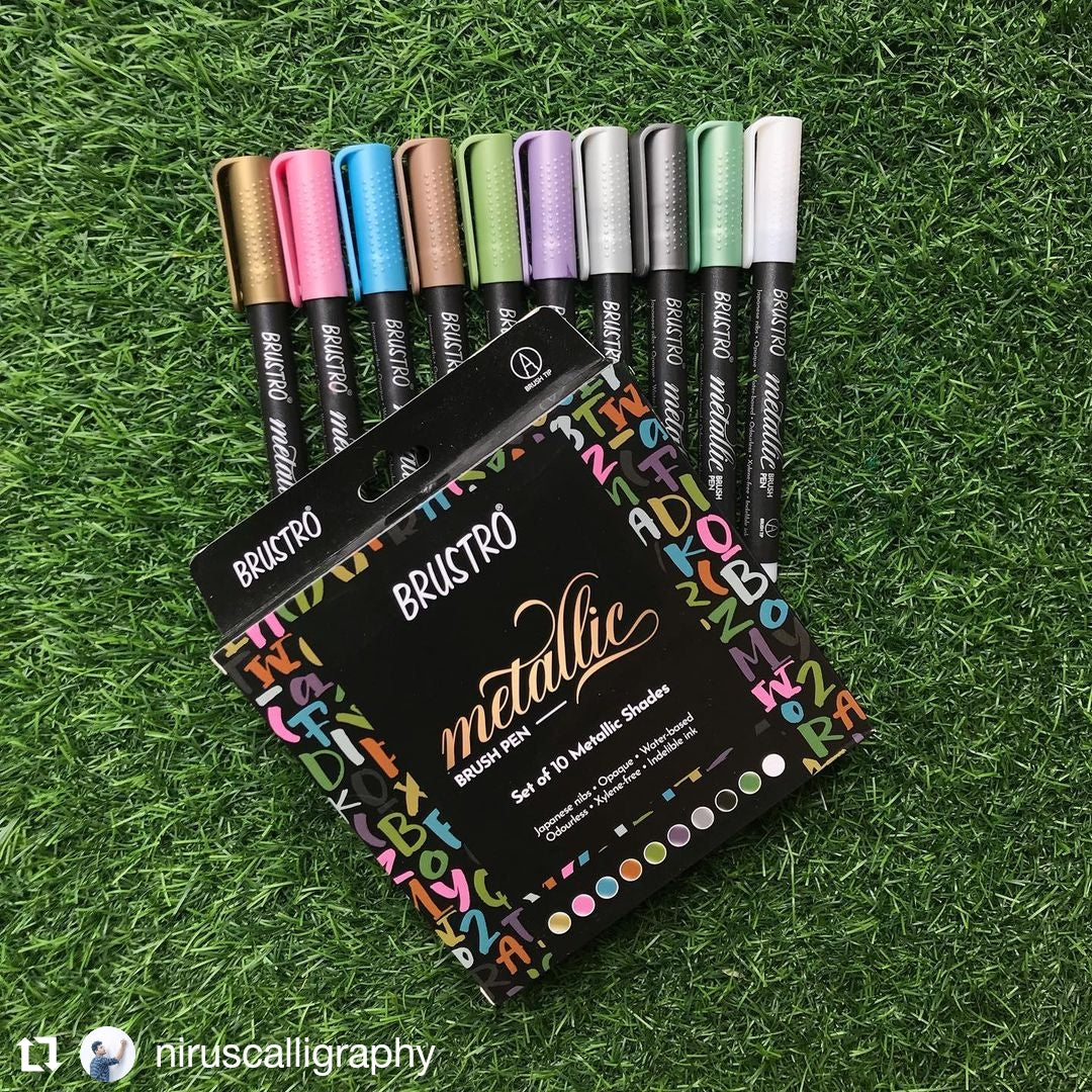 BRUSTRO Metallic Brush Pens Set of 10 Colors with Black Paper A5