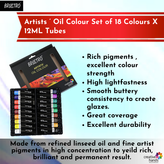 Brustro White Bristle Hair Brushes (Pack of 13) with Artists Oil Colour Set of 18 Colours X 12ML Tubes and Oil Painting Paper 300 GSM A4 (Pack of 9 + 3 Free Sheets)