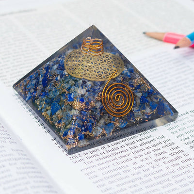 Golden Peacock Blue & Gold-Toned Lapis Lazuli Orgone Stone Pyramid Prism Paperweight