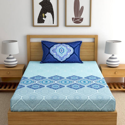 Dreamscape Blue & Turquoise Blue 140 TC Pure Cotton Bedsheet with Pillow Covers