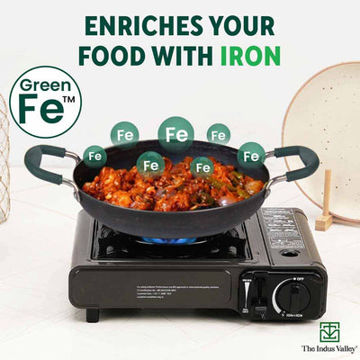 100% Pure Sheet Iron Kadai/ Jalebi/ Paella Pan, Silicone Cool Handles, Seasoned, Toxin-free, Induction, 25.4cm, 1.4L