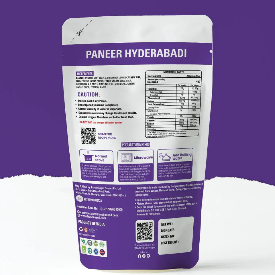 Fresh O Need Paneer Hyderabadi - Ready To Eat 220 gms