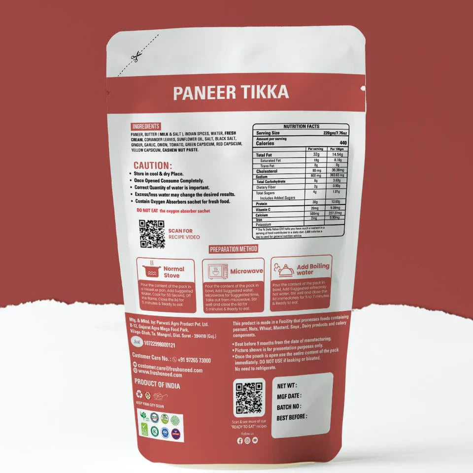 Fresh O Need Paneer Tikka - Ready To Eat 220 gms