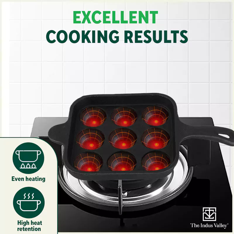 9 Pit/Cup CASTrong Cast Iron Paniyaram/Appe pan+ Free Spatula, Square, Long handle, Pre-seasoned, Nonstick, 100% Pure, Toxin-free, 18.5cm, 2.4kg