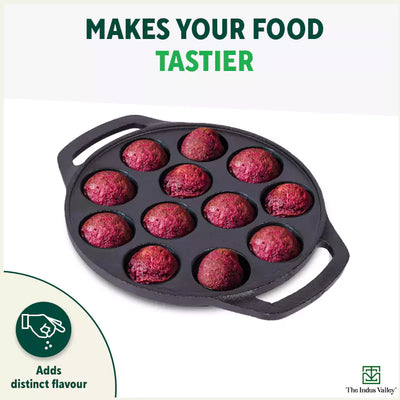12 Pit/Cup CASTrong Cast Iron Kuzhi Paniyaram/Paddu Pan/Appe Maker, Pre-seasoned, 100% Pure, Toxin-free, Free Spatula, 21 cm, 2.2 kg