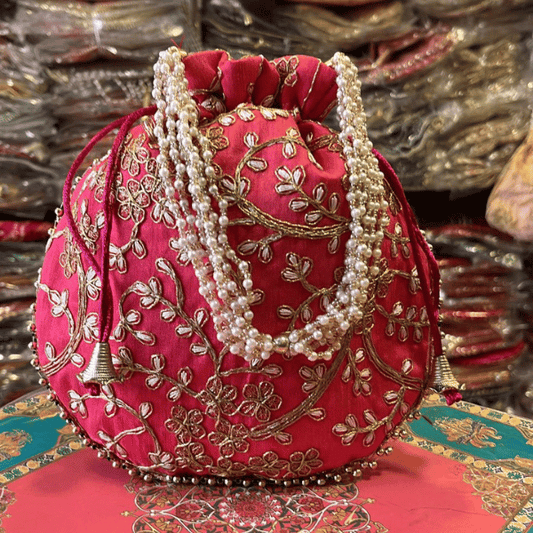 Khajuri Embroided Potli With Pearl Handle 9 inches