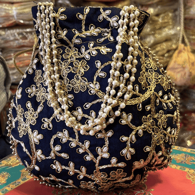 Khajuri Embroided Potli With Pearl Handle 9 inches