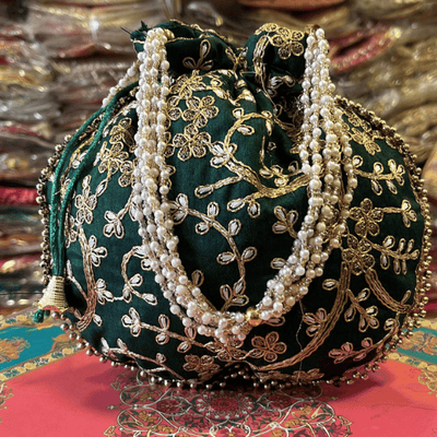 Khajuri Embroided Potli With Pearl Handle 9 inches