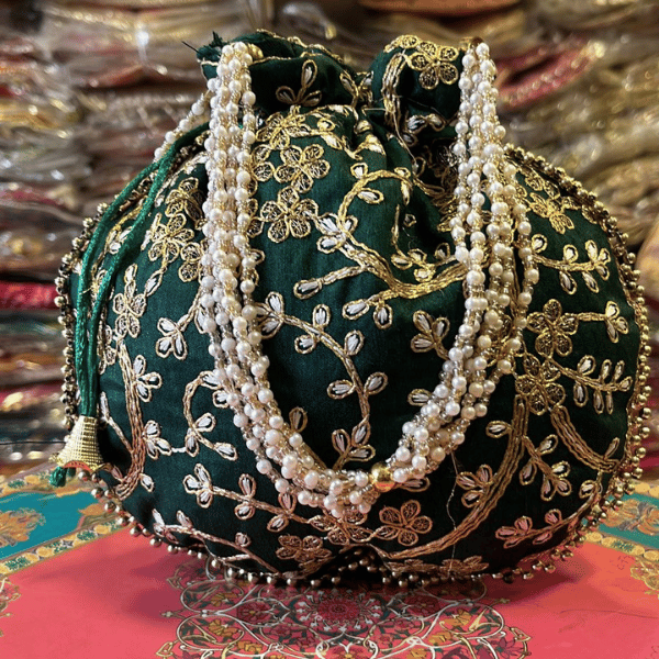 Khajuri Embroided Potli With Pearl Handle 9 inches