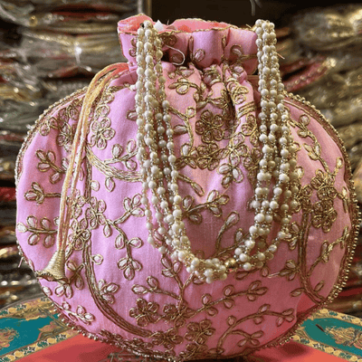 Khajuri Embroided Potli With Pearl Handle 9 inches