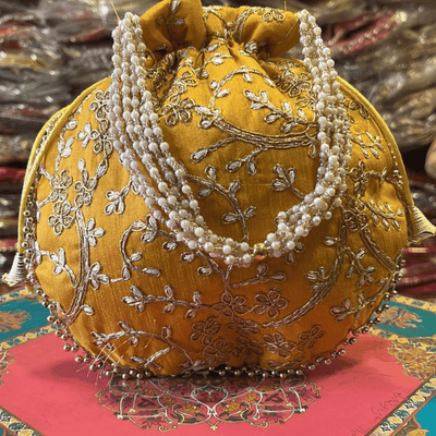 Khajuri Embroided Potli With Pearl Handle 9 inches