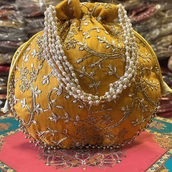 Khajuri Embroided Potli With Pearl Handle 9 inches