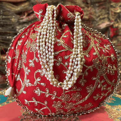 Khajuri Embroided Potli With Pearl Handle 9 inches