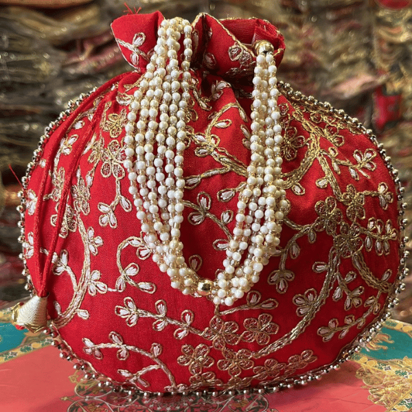 Khajuri Embroided Potli With Pearl Handle 9 inches