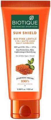 Biotique Sun Shield Pink Lentils 40+ SPF Sunscreen, 3-In-1 Matte Look Daily