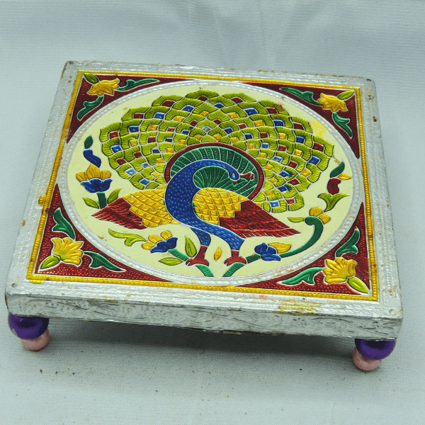 Intricate Peacock Design Painted Square Shape Chauki