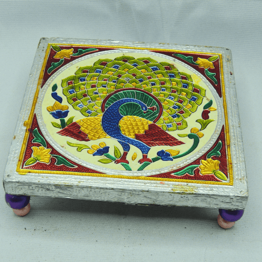 Intricate Peacock Design Painted Square Shape Chauki