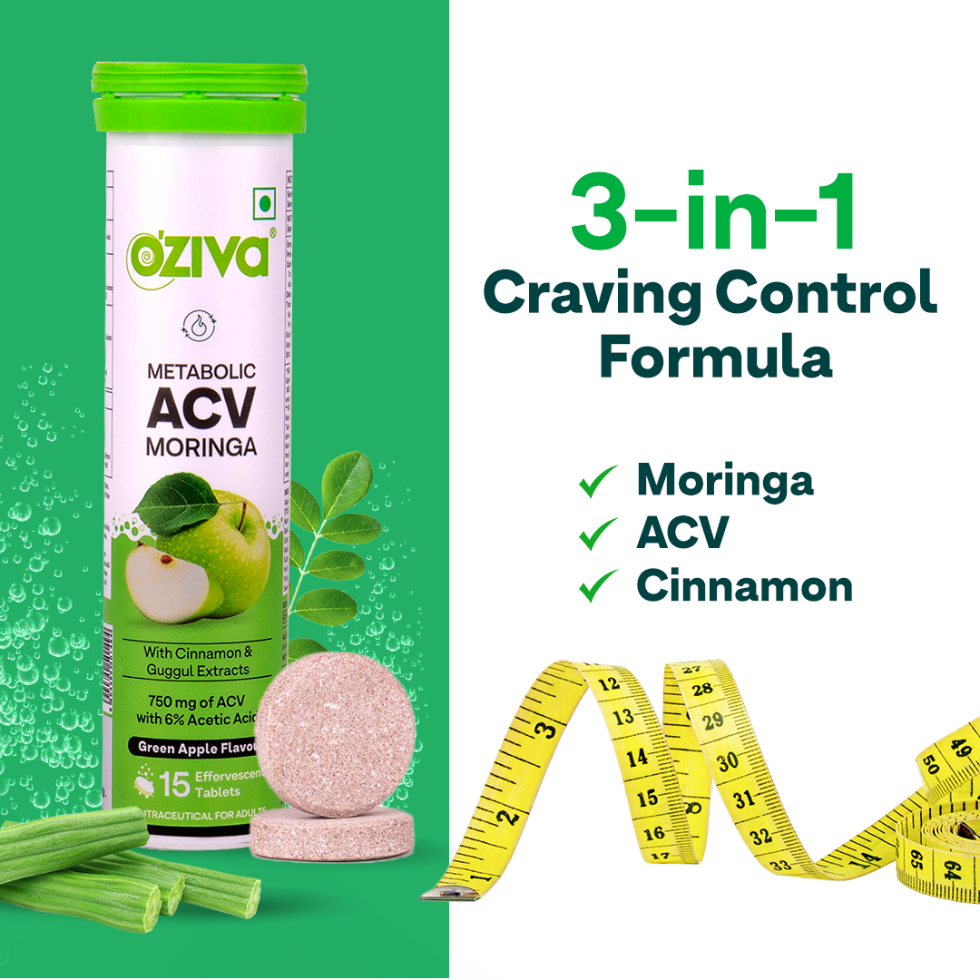 Oziva ACV Moringa | Control Cravings | Apple Cider Vinegar, Cinnamon, Guggul | No Maltodextrin & No Added Sugar - Green apple, Pack of 8 (120 Tablets)