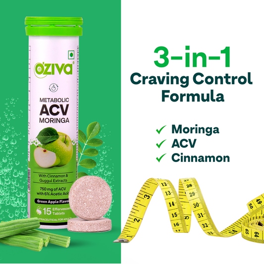 Oziva ACV Moringa | Control Cravings | Apple Cider Vinegar, Cinnamon, Guggul | No Maltodextrin & No Added Sugar - Green apple, Pack of 8 (120 Tablets)