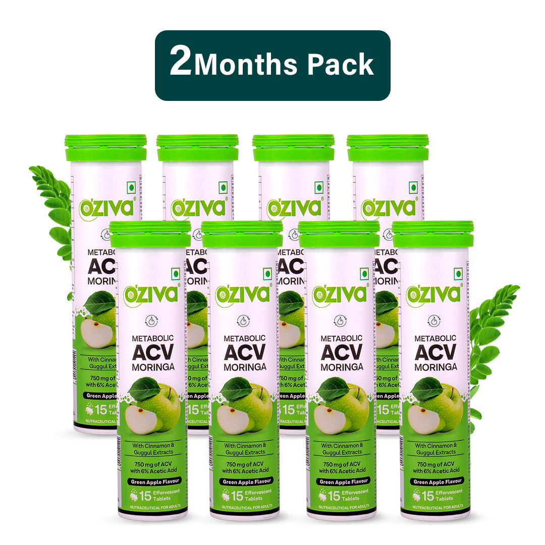 Oziva ACV Moringa | Control Cravings | Apple Cider Vinegar, Cinnamon, Guggul | No Maltodextrin & No Added Sugar - Green apple, Pack of 8 (120 Tablets)