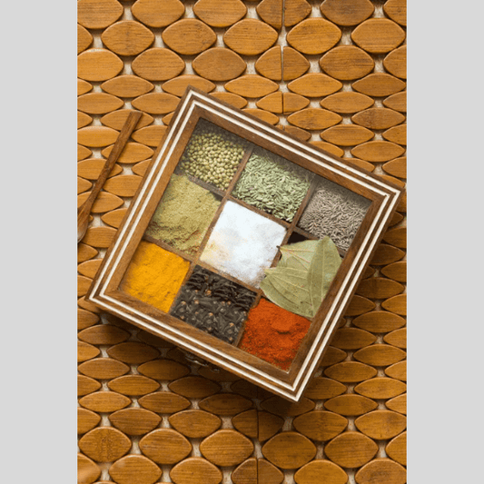 Hand Engraved Square Spice Box With Spoon In Sheesham Wood (9 Partitions, 80 ML)