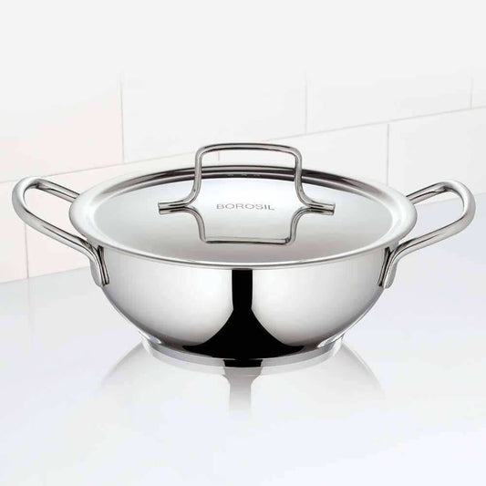 Borosil Stainless Steel Deep Kadhai With Lid, 2.3 Litre