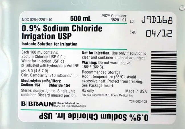 Sodium Chloride 0.9% Irrigation Saline Solution 500 mL EACH