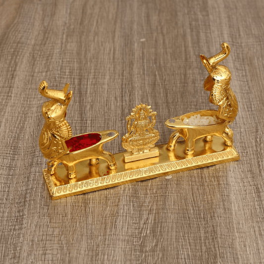 Chandan Roli Kumkum Chawal Box with Lakshmi Double Sindoor Dani | Set of 2