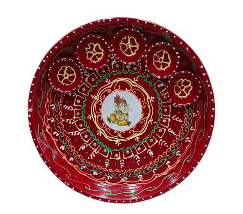 Decorative Red Cone Work Steel Ganesha Hand Painted Pooja Aarti Thali
