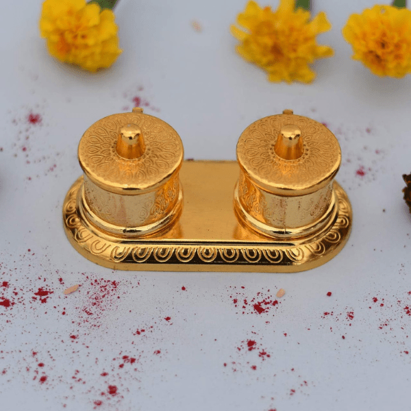 Metal Double Dabbi Shape Chandan Roli Platter | Set Of 2