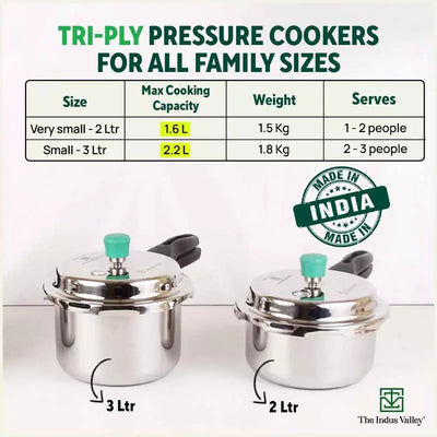 2L+3L RapidCuk Tri-ply Stainless Steel Pressure Cooker Combo+ Free ₹600 Wood Chopping Board, 5Yr Warranty, ISI Certified, Premium Quality, 3 Layer Thick Body, Induction & Gas