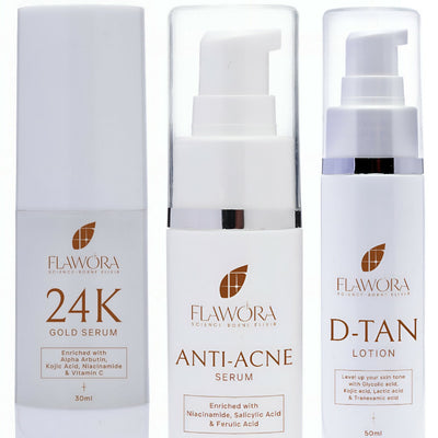 Flawora D-Tan Lotion, Anti Acne Serum And Gold Face Serum Combo