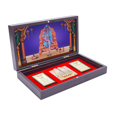 Golden Peacock Brown & Blue 24 CT Gold Foil Wooden Sri Sai Baba Pooja Box