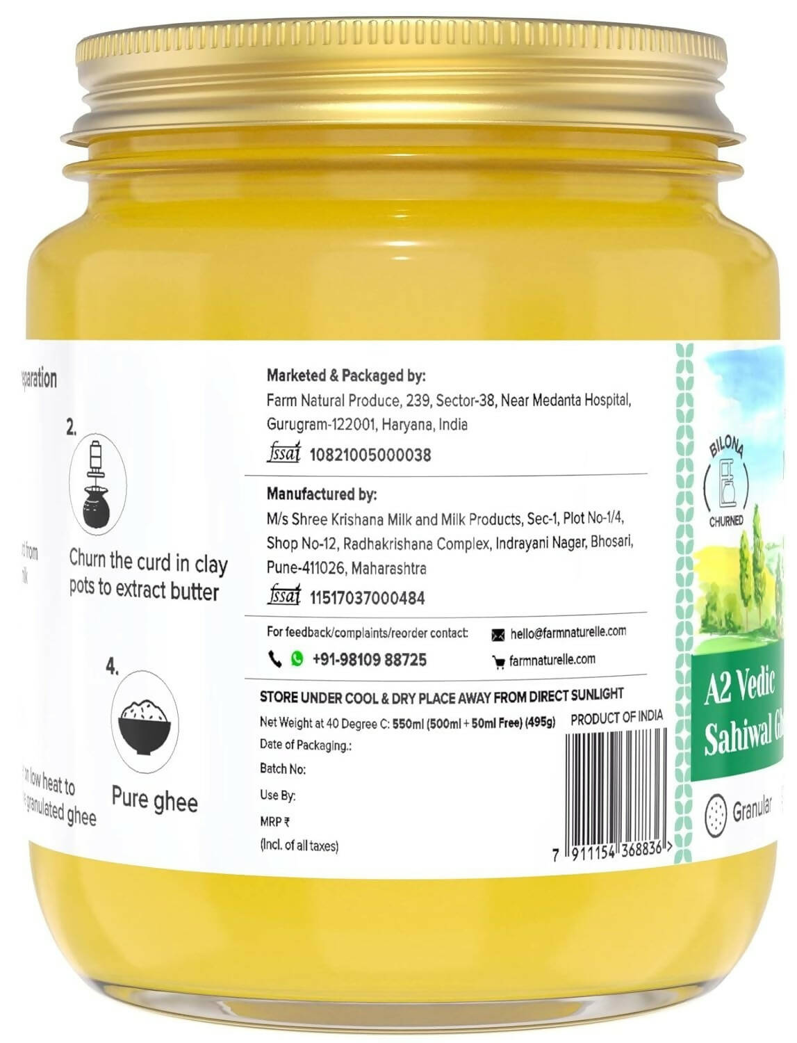 Farm Naturelle A2 Vedic Sahiwal Ghee - Desi Cow Ghee | Natural, Healthy, and Pure | Cultured Cow Ghee