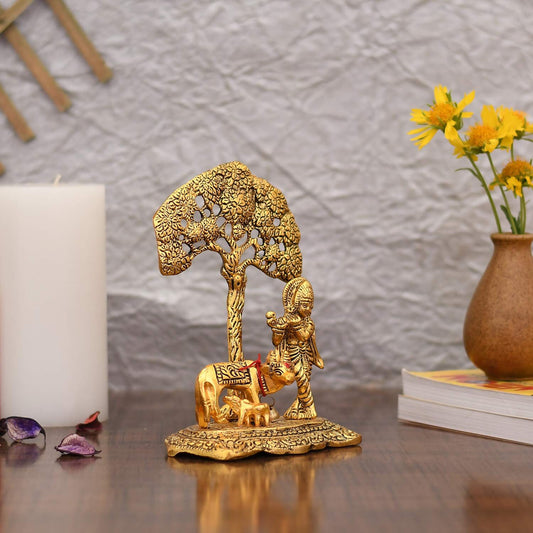 Collectible India Gift Items Metal Krishna Idol Murti With Kamdhenu Cow