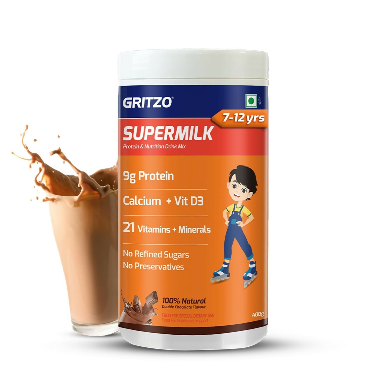 Gritzo SuperMilk Overall Growth (7-12y Boys), 9g Protein (Double Chocolate, Zero Refined Sugar, 20 Vitamins & Minerals