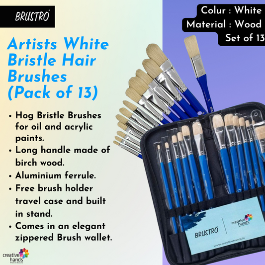 Brustro Artists White Bristle Hair Brushes for Oil and Acrylic Paint with an Elegant Zippered Brush Wallet (Pack of 13)