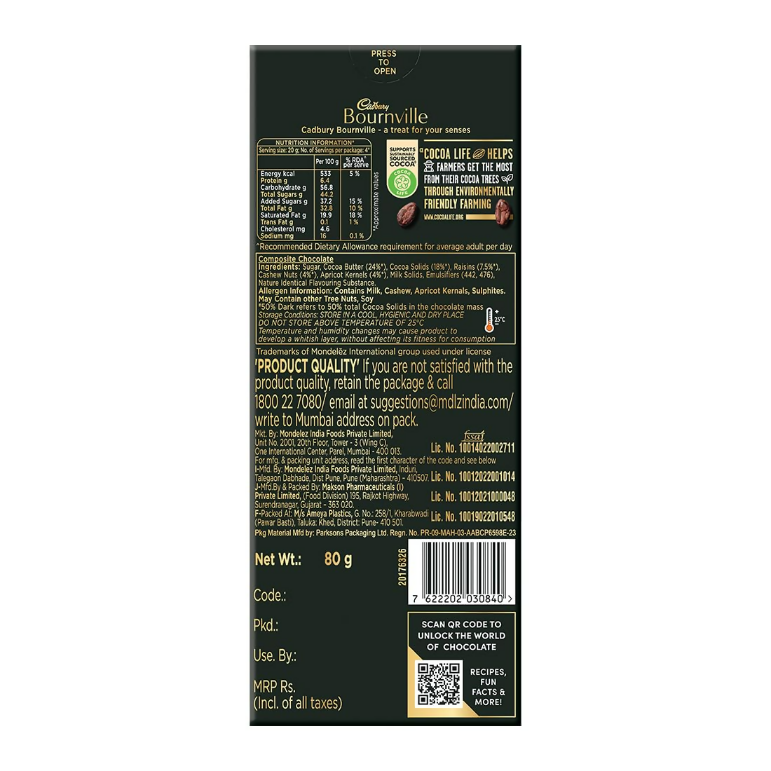 Cadbury Bournville Fruit And Nut Dark Chocolate Bar