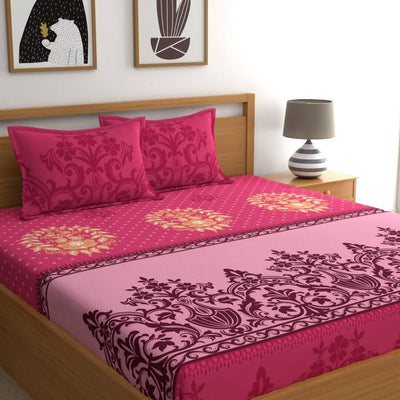 Dreamscape Pink & Beige Ethnic Motifs 144 TC Bedsheet with Pillow Covers