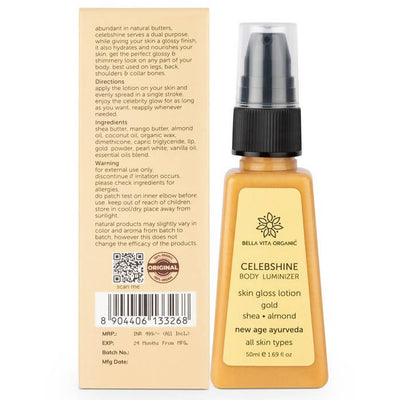 Bella Vita Organic Celeb Shine Body Luminizing Shimmer skin Gloss Lotion Gold Shea Butter Almond