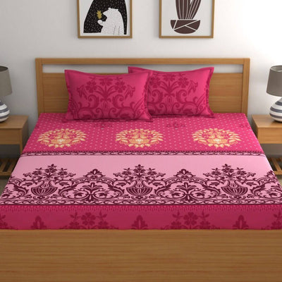 Dreamscape Pink & Beige Ethnic Motifs 144 TC Bedsheet with Pillow Covers