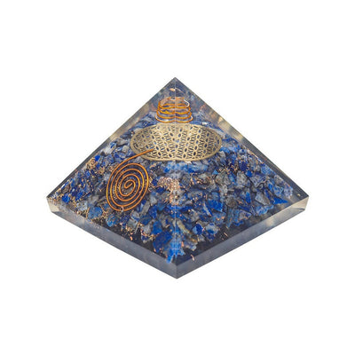 Golden Peacock Blue & Gold-Toned Lapis Lazuli Orgone Stone Pyramid Prism Paperweight